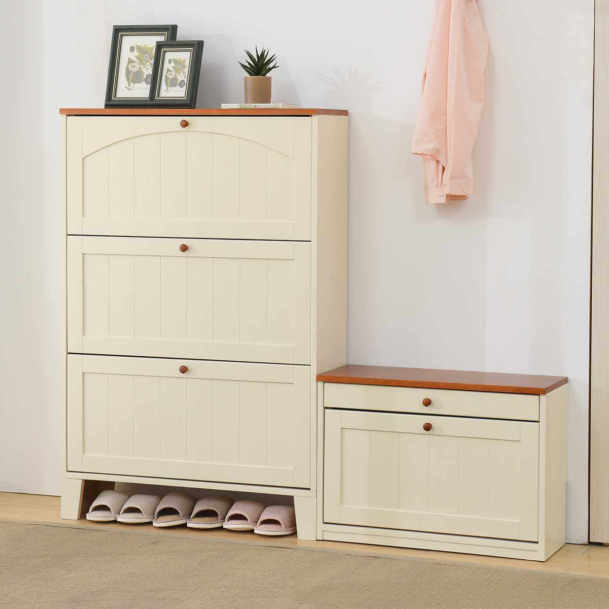 北欧美式地中海超薄17CM翻斗实木鞋柜简约现代家用门口玄关门厅柜