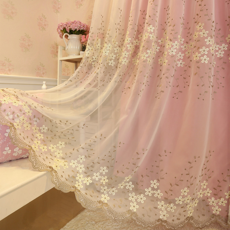 欧式田园粉色公主遮光窗帘成品白色纱帘刺绣O花韩式窗纱卧室落地