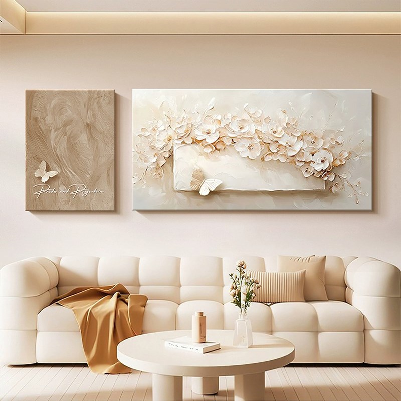 法式奶油风客厅装饰画高级感花卉A沙发背景墙挂画立体浮雕大气壁图片