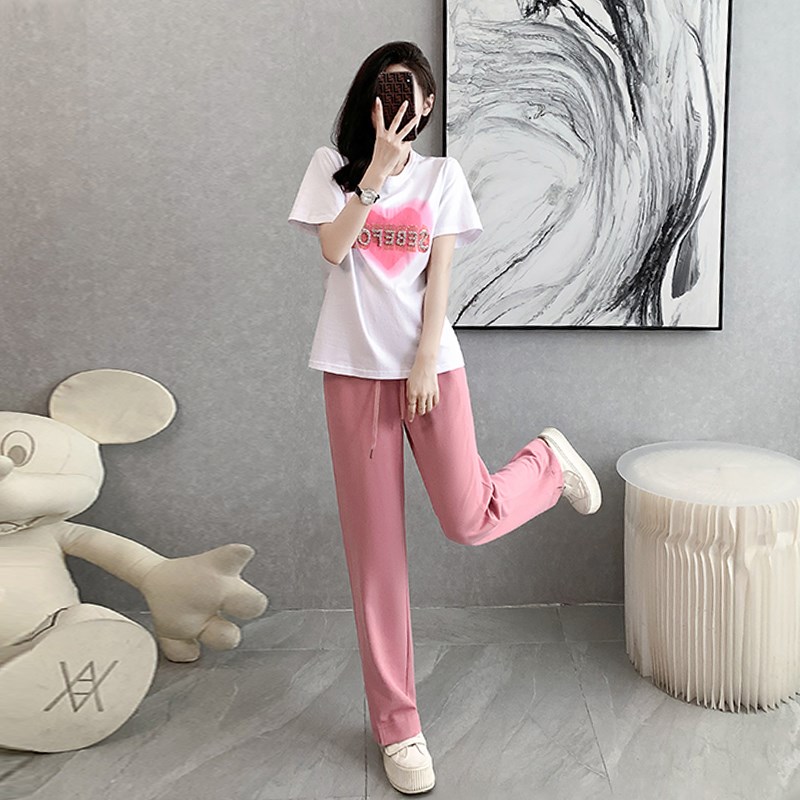 时尚休闲套装女夏j2025新款宽松显瘦减龄洋气烫钻T恤阔腿裤两件套