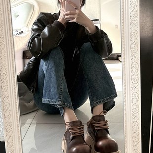 厚底增高绑带单鞋 2024秋d季 女休闲黑色绿底大头皮鞋 新款 百 德比鞋