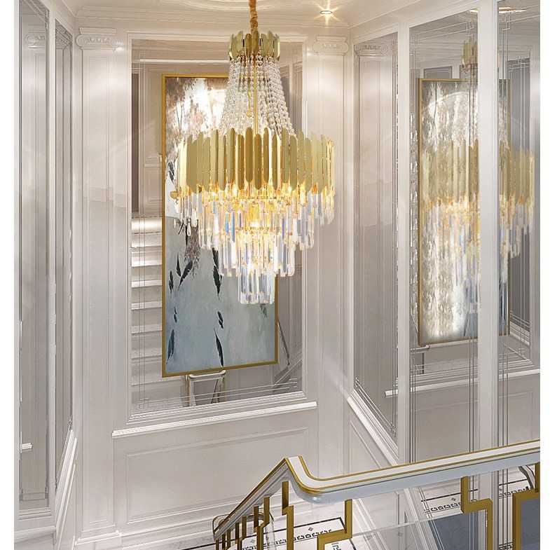 后现代复式楼大吊灯水晶大厅旋转楼梯轻奢大堂工程别墅中空客厅