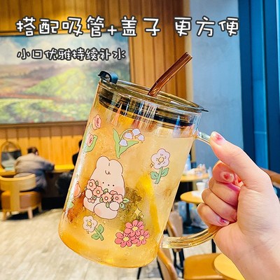 1000ml大容量玻璃杯高颜值卡通喝水杯子带M盖子吸管杯耐高温果汁