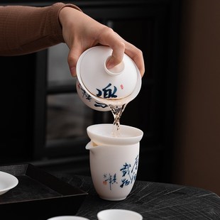 素烧羊脂白玉瓷单个三才盖碗陶瓷手工大号泡茶Q器家用功夫茶杯茶