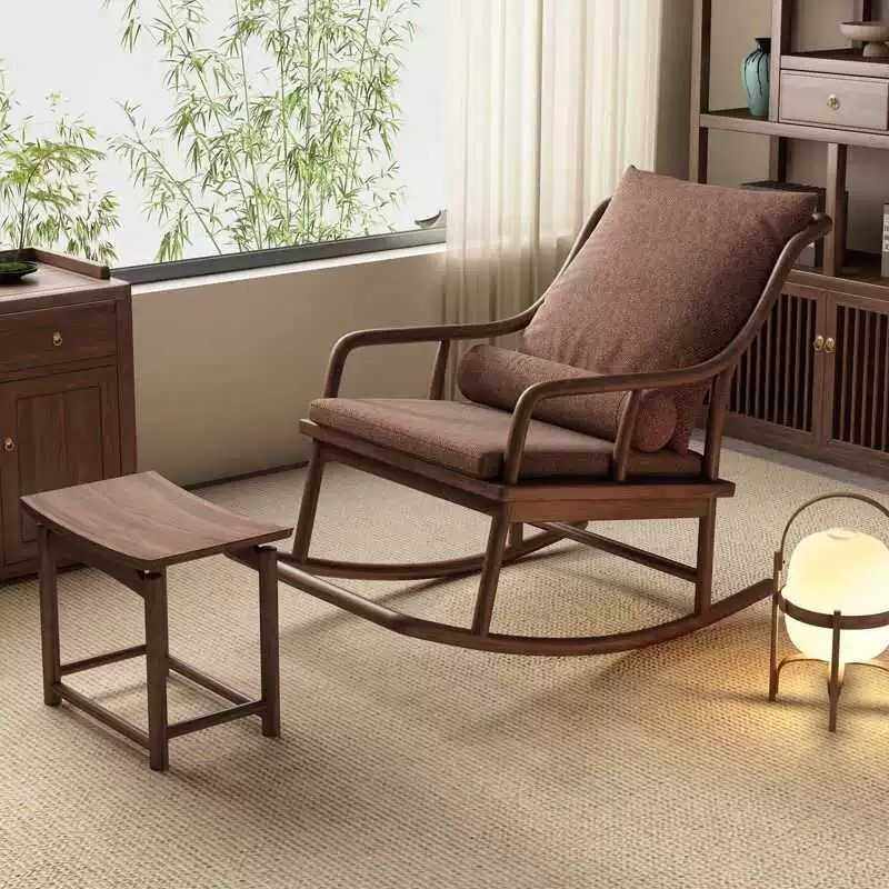 新中式实木懒人摇摇椅客厅双人躺椅乌金木色大人沙发椅阳台休闲椅