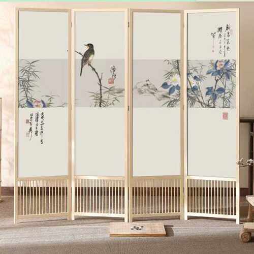 松木免漆边框隔断屏风 新中式酒店家居办公玄关折叠移动屏风