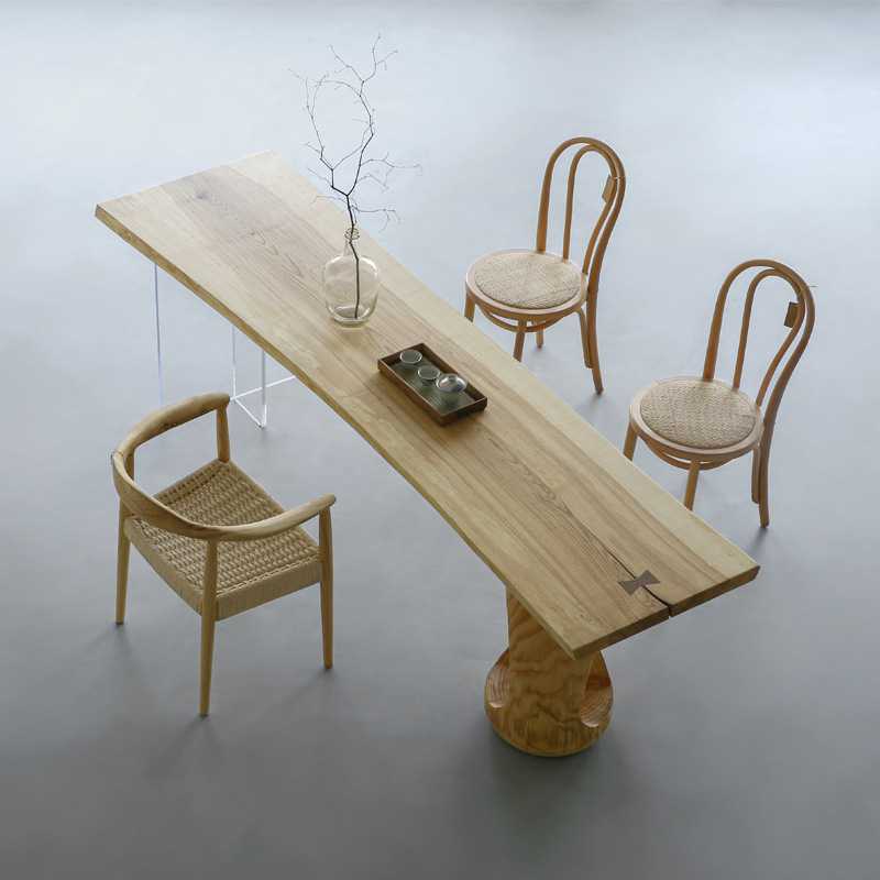 白蜡木大板桌自然边原木色餐桌长方形简约实木茶桌复古书会议长桌