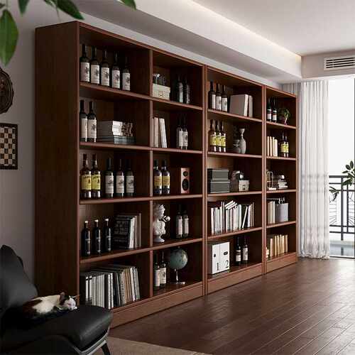全实木家用书架胡桃木色整墙一体落地置物架靠墙客厅储物组合书柜