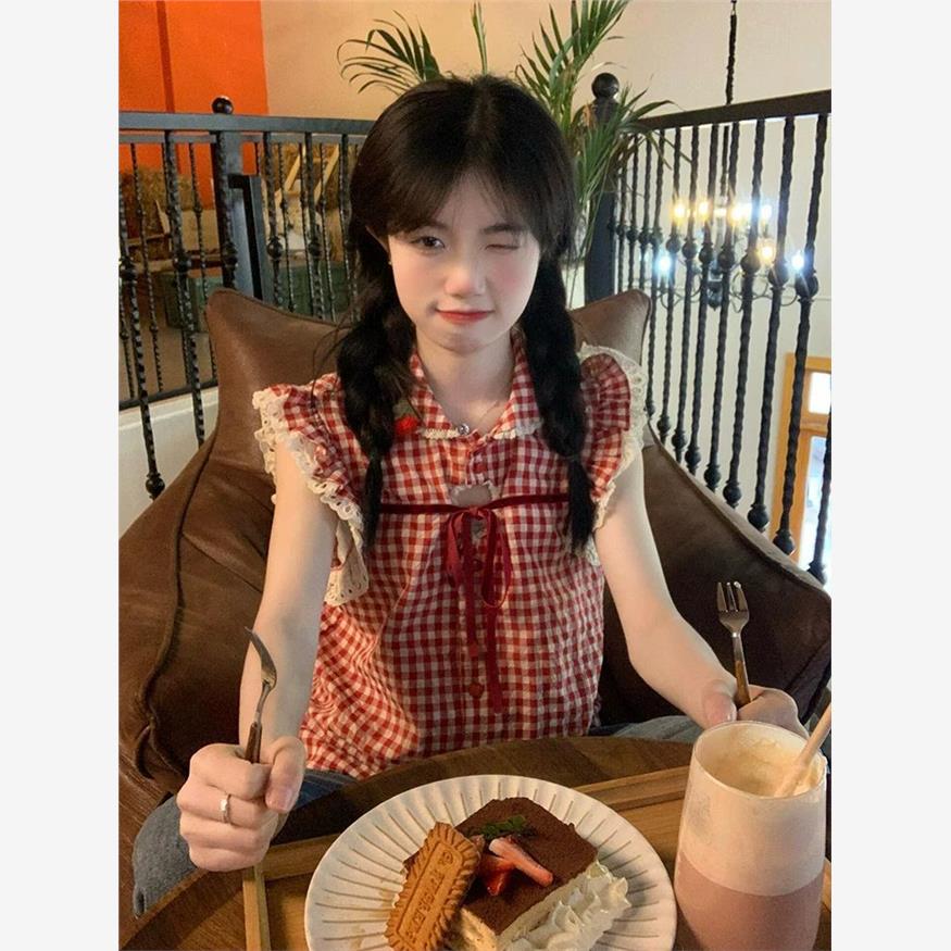 红色格子短袖衬衫女甜美