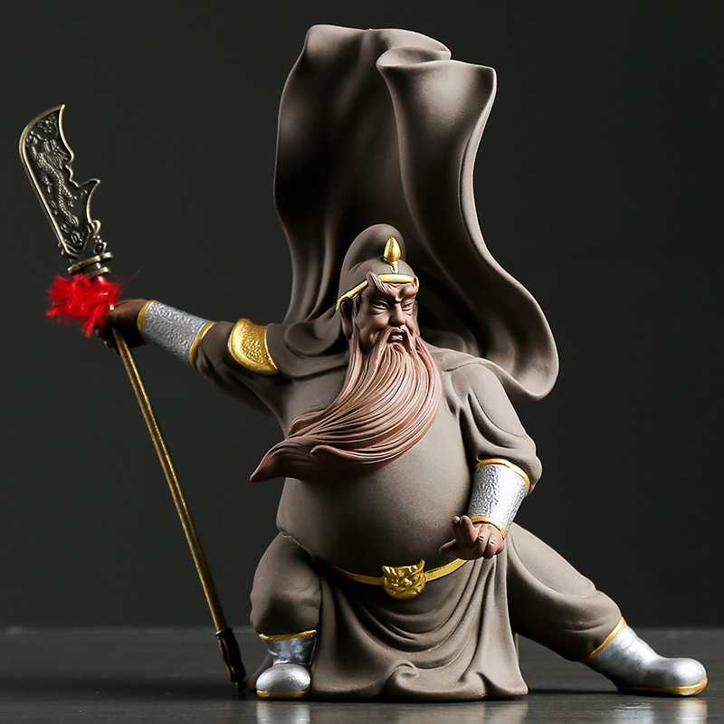 创意紫砂历史人物武财神关公 家居客厅博古架装饰摆件关羽 关云长