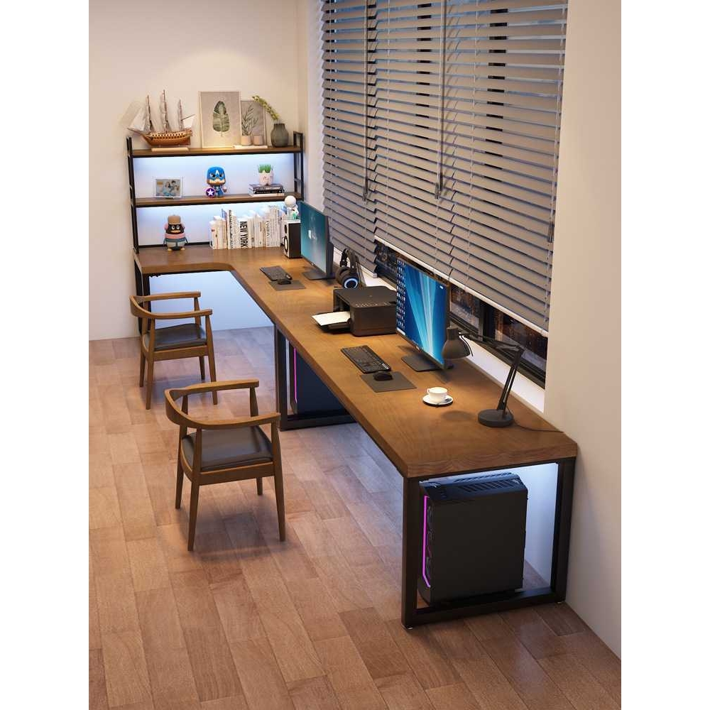 实木L型书桌书架一体组合 转角加长学习办公桌工作台电竞电脑桌