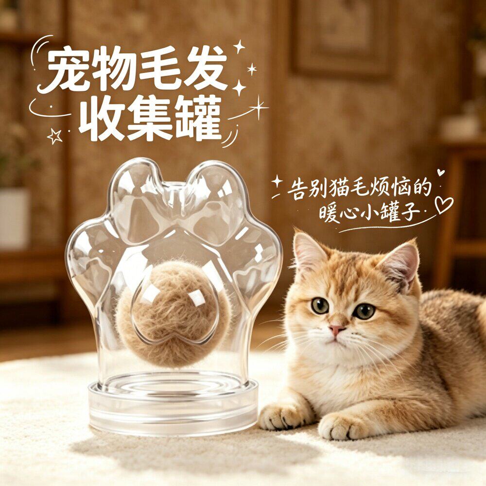 玻璃猫毛收集瓶实木底座摆件
