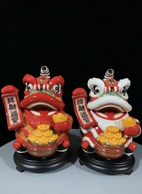 石湾陶瓷醒狮摆件文创舞狮中式客厅电视柜L摆设工艺品乔迁开业礼