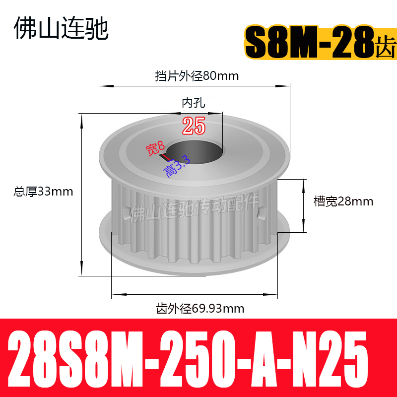 S8M28齿 两面平同步轮AF型 高扭矩同步皮带轮28S8M150-AW-N12-30