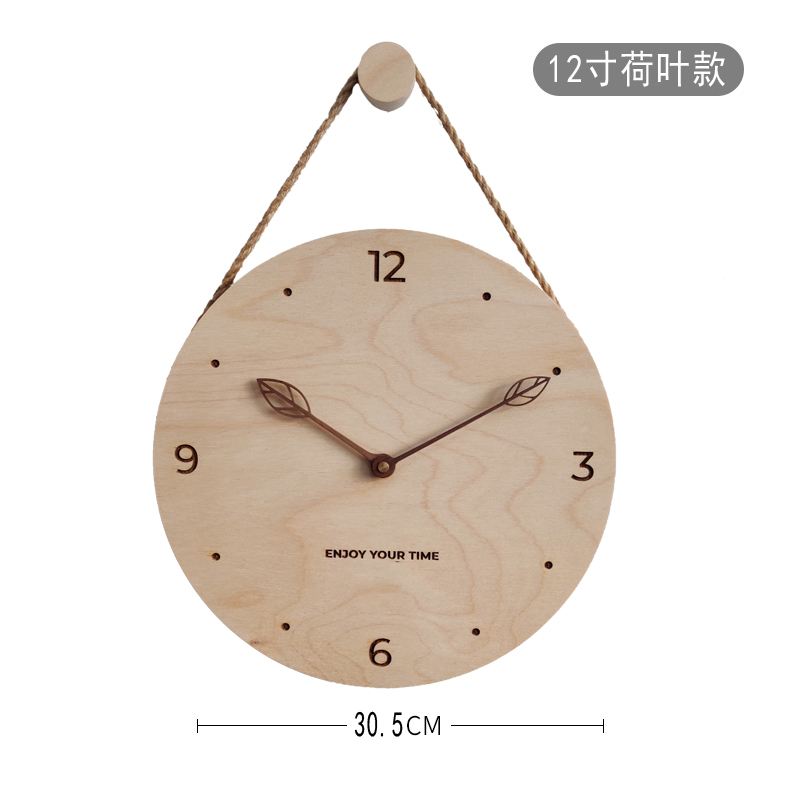 木目北欧客厅创意免打孔挂墙钟表 时尚简约家用极T简原木挂钟挂表