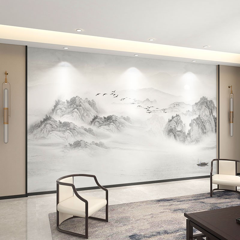 墙纸定制3d立体中式山水t电视背景墙壁布油画壁纸客厅装饰墙布壁