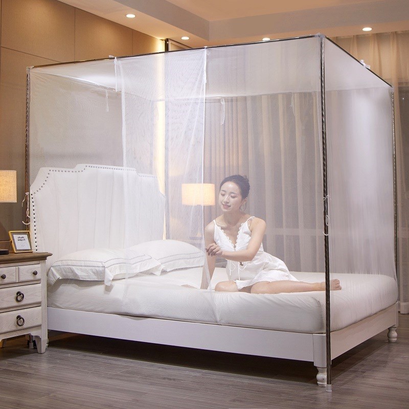 农村老式架子床老式木床蚊帐w可穿杆绑带加密1米5挂式四角蚊帐单