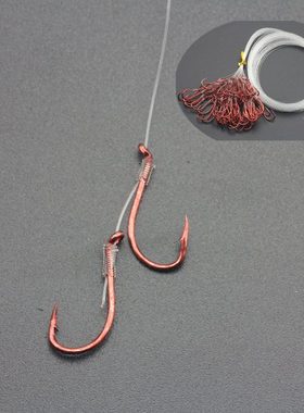 一包50根红色章鱼钩二连钩绑好线鱼钩海钓串钩成品子线梭鱼鲈鱼钩