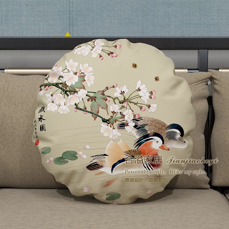 新中式中国风百花齐放系列工笔花鸟圆形抱枕N客厅沙发靠垫腰枕亚