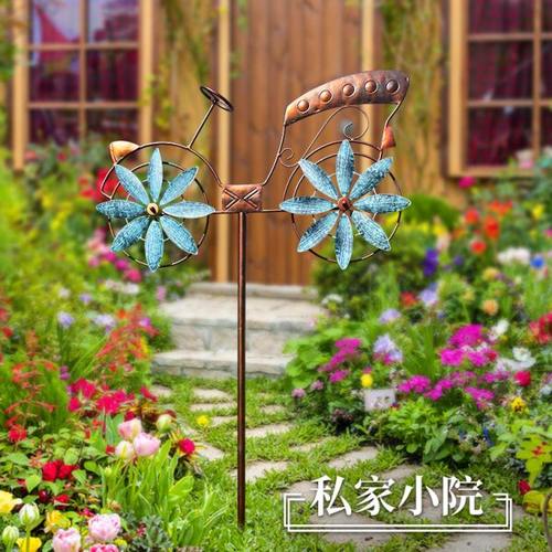 别墅花园庭院风车户外阳台布置装饰旋转铁艺插件自行车模型摆件