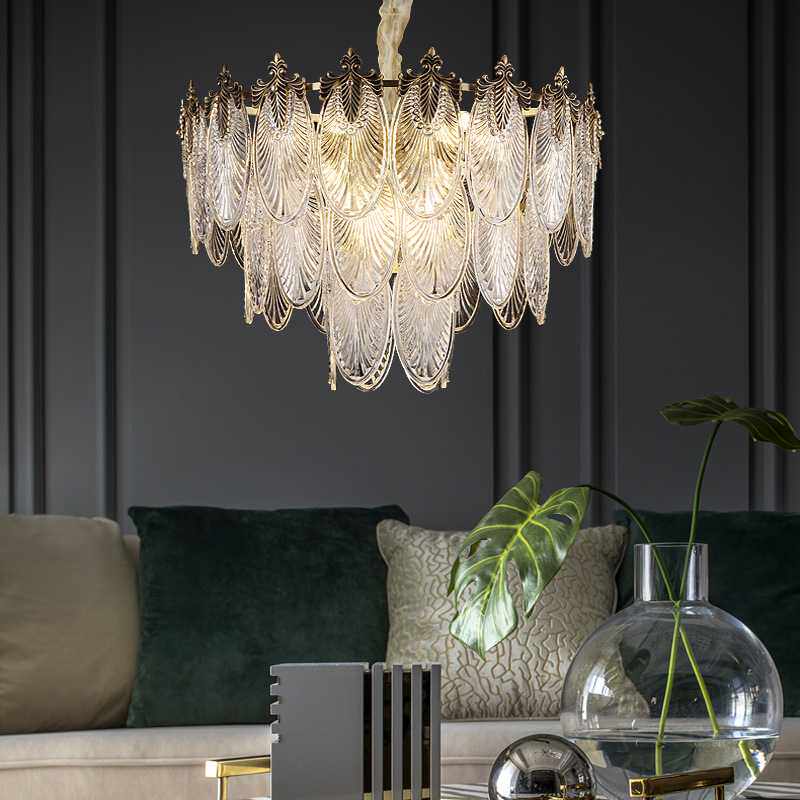 法式复古全铜吊灯客厅轻奢水晶灯具大气树叶玻璃餐厅卧室别墅灯饰