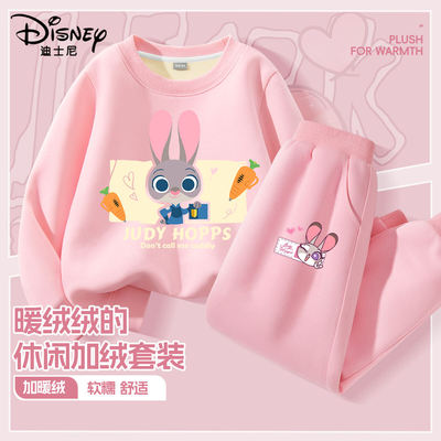 迪士尼女童加绒套装保暖洋气女孩加厚卫衣兔子警官休闲装儿童冬装