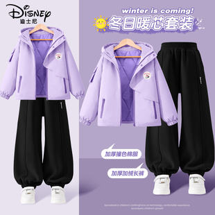 迪士尼女童加厚冬季套装2025新款女孩棉服外套冬装加绒儿童运动裤