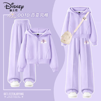 迪士尼女童秋套装2025新款洋气儿童开衫连帽卫衣运动卫裤两件套潮