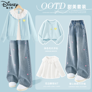 迪士尼女童春装套装2026新款女孩长袖t恤牛仔裤三件套儿童针织衫