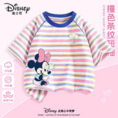 迪士尼女童短袖 体恤儿童洋气条纹上衣女 薄款 t恤2026新款 纯棉半袖
