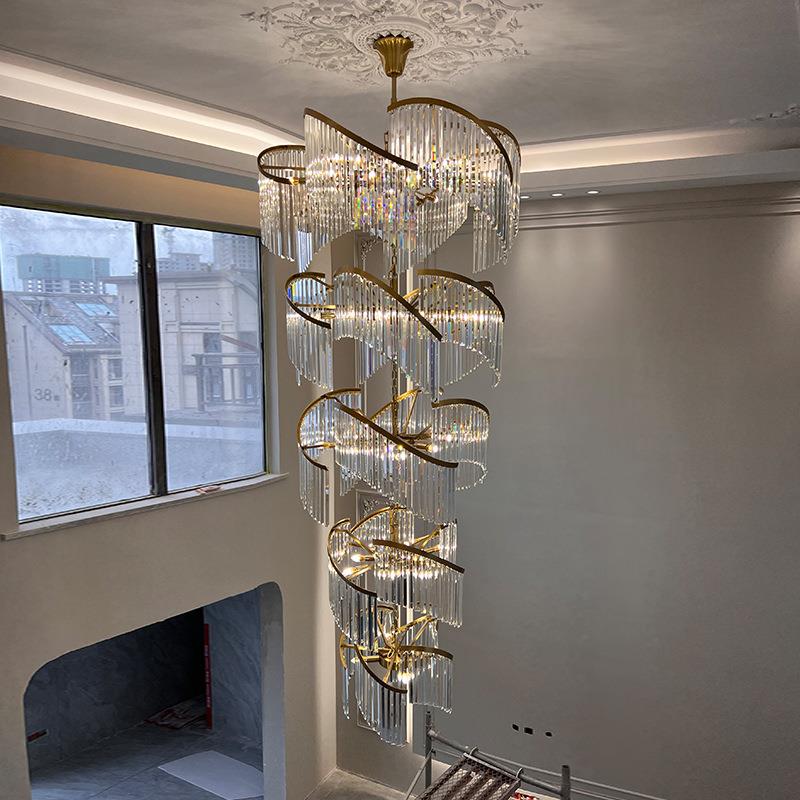 别墅客厅中空轻奢水晶楼梯灯复式楼水晶长挑空跃层大堂美式大吊灯