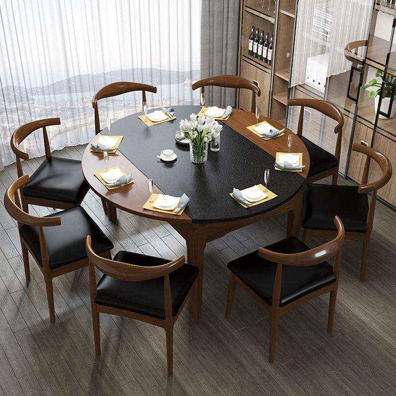 火烧石餐桌家用小户型全实木餐桌椅组合可伸缩折叠圆形火山石饭桌