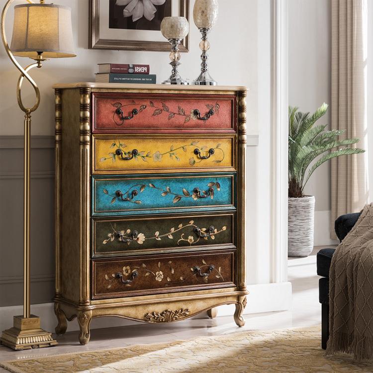 至高美式香槟色实木五斗柜复古手绘客厅玄关柜卧室收纳柜工厂