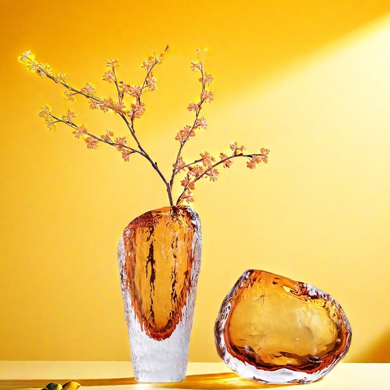 新款轻奢水纹渐变琉璃花器样板间水培器皿L花瓶玻璃高级感摆件包