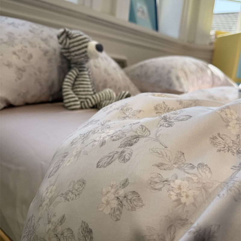 60s兰精天丝凉感丝滑田园灰色小碎花四件套1.5m1S.8米床单被套夏