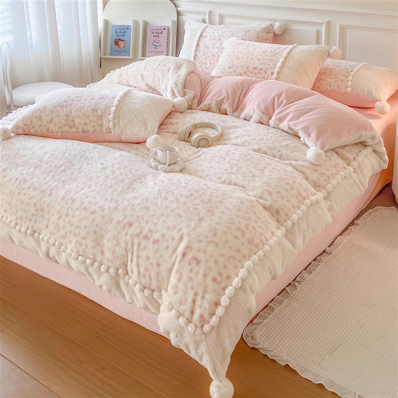 冬季少女粉色加厚兔兔绒s四件套公主风双面毛绒牛奶绒床单毛球被