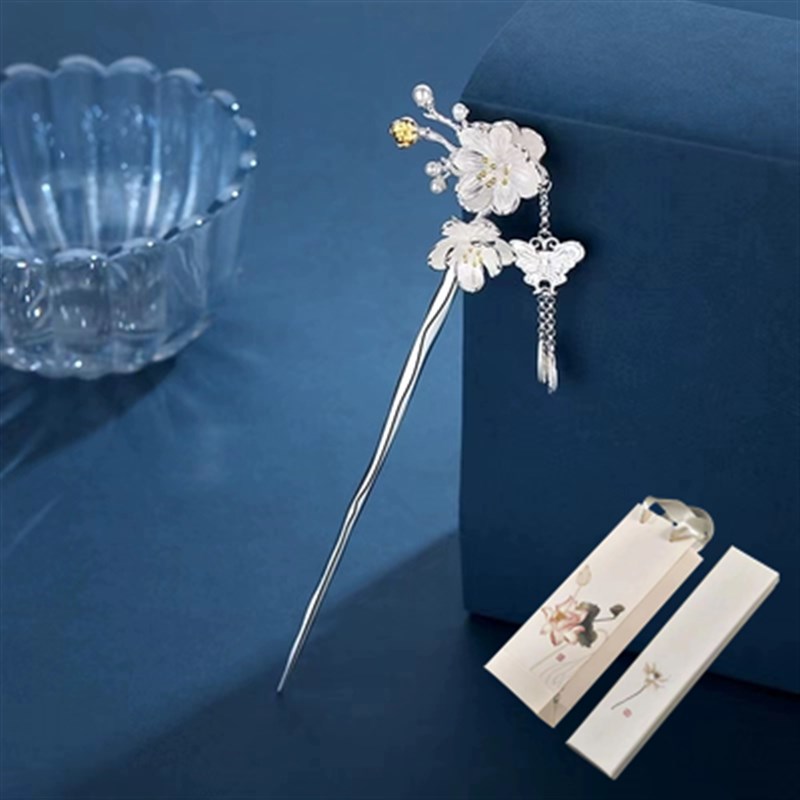 莲花步摇S925银复古风发簪女和田玉梅花簪M子高级感新中式钗子礼