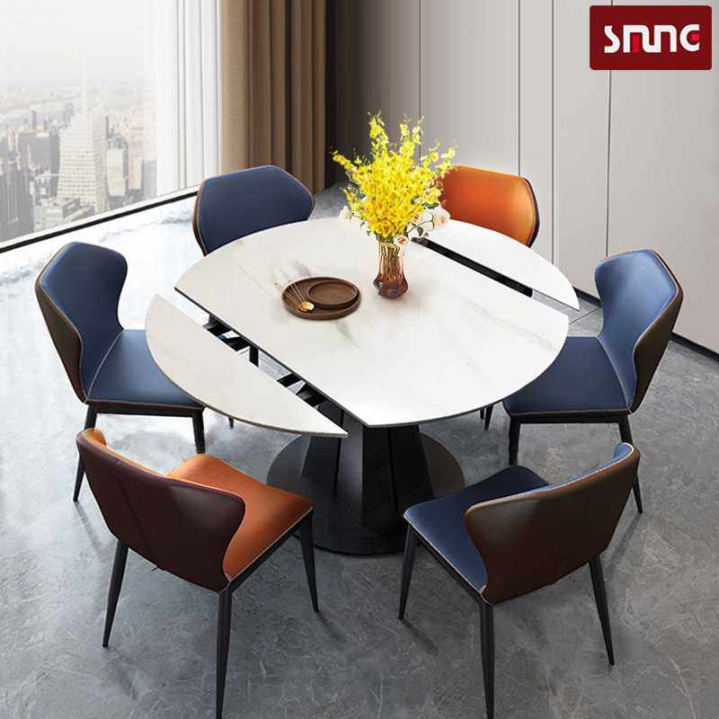 北欧岩板可变圆形伸缩旋转餐桌椅组合现代简约多功能方圆两用餐桌