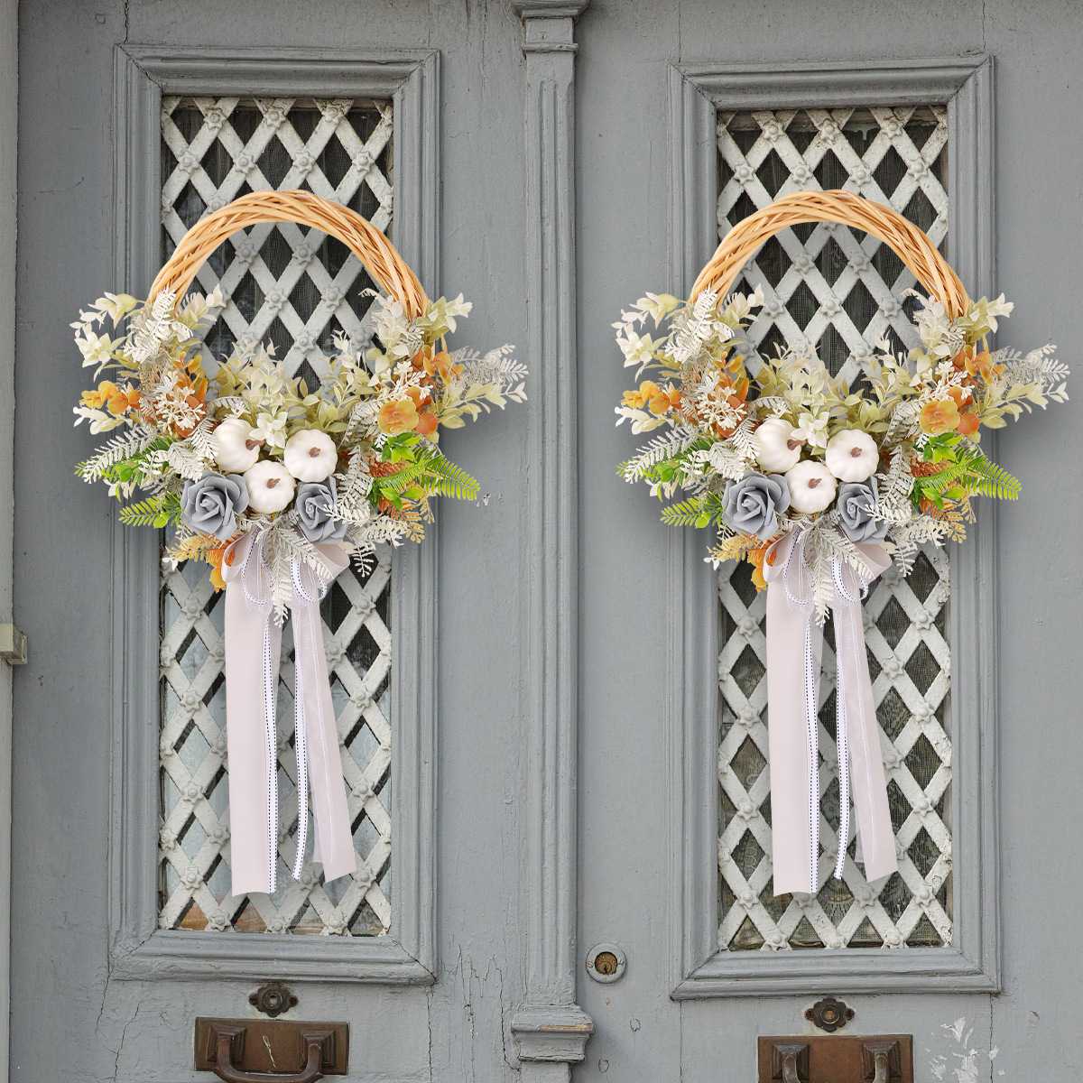 纵鸿秋季田园风白南瓜花环丰收节庭院门前装饰花枯枝藤圈门挂