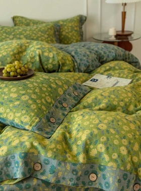 1VPR复古田园风全棉色织双层纱四件套A类棉纱床上用品纽扣工艺款