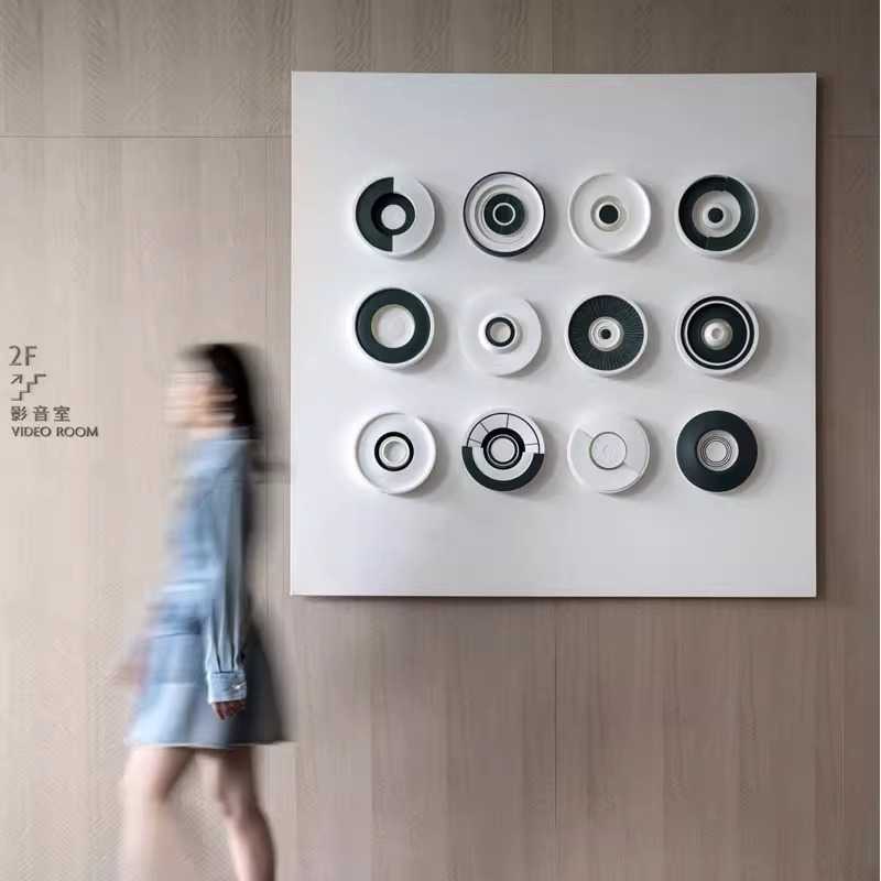 现代客厅过道雕刻装饰画黑白灰大厅墙壁画3d立体小众方形玄关挂画