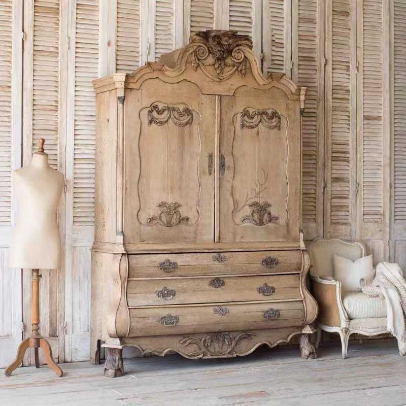 美式乡村家具 法式复古实木雕花衣柜 仿古做旧装饰柜餐边柜储物柜