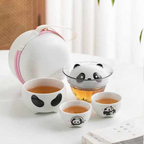 萌趣熊猫便携旅行茶具套装简易陶瓷快客杯一壶三杯泡茶器茶具礼品