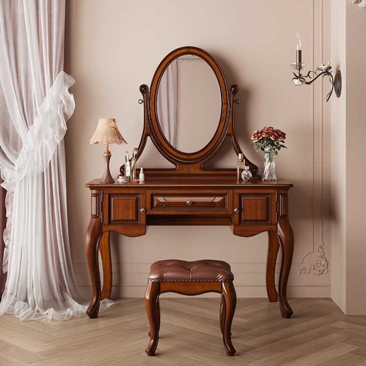 美式乡村复古梳妆台家用卧室实木化妆桌小户型简约化妆台妆凳一体