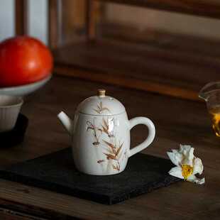 纯手绘墨竹小茶壶陶瓷功夫茶具家用球孔过滤壶单壶复古泡茶器中式