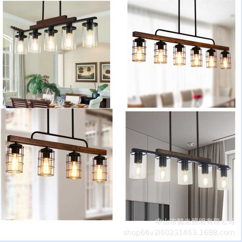 亚马逊美式乡村农舍复古工业风铁艺客厅吊灯餐厅吧台玻璃岛实木灯