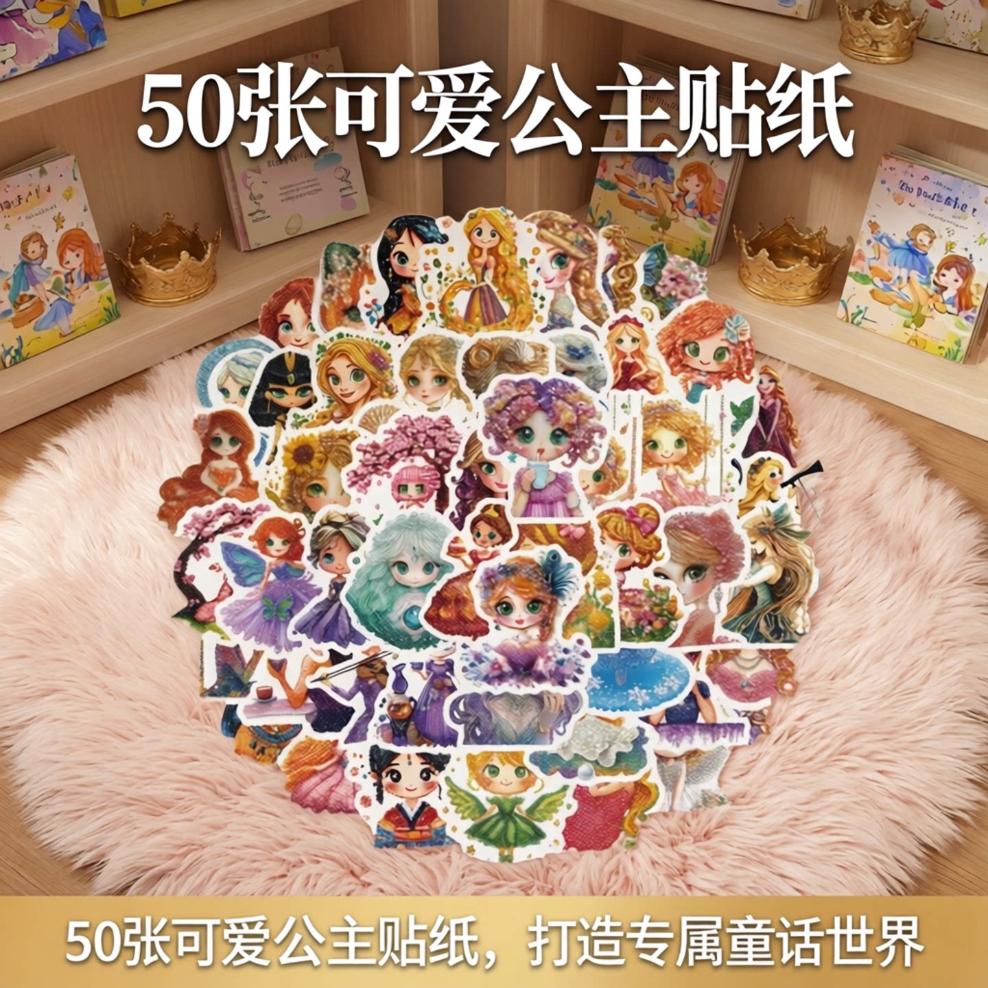 50张公主钻石画卡通贴纸DIY洞洞鞋花装饰贴儿童可爱人物贴画彩色女孩公主贴纸贴花公主风手账素材包贴纸装饰