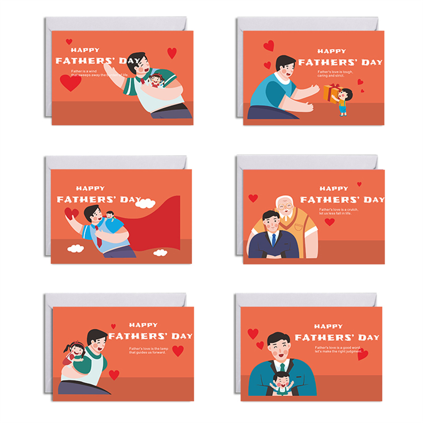 6张不重复温馨祝福父亲节主题贺卡明信片手绘英文I LOVE DAD greeting card送爸爸父亲节日礼物感恩感谢贺卡