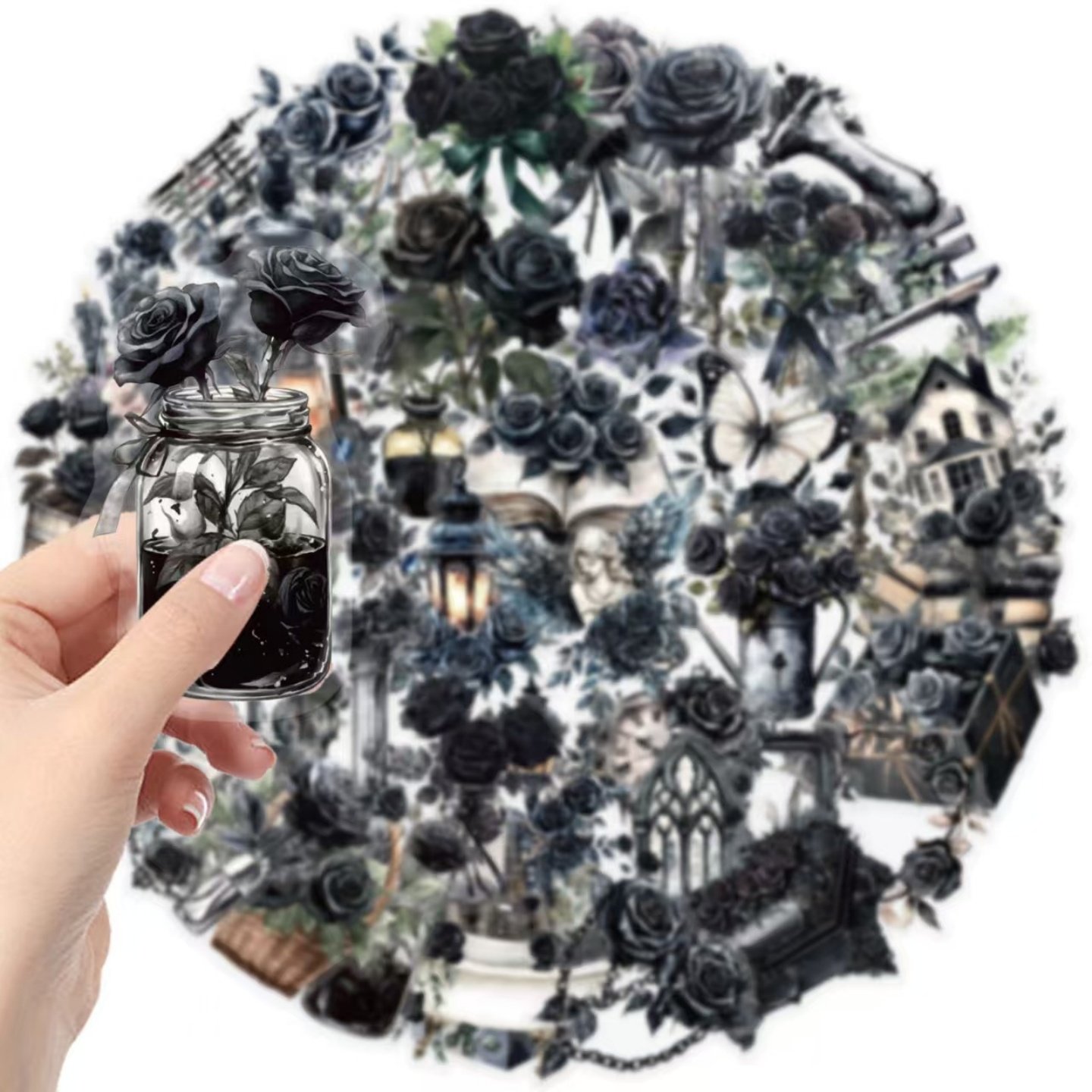 50张透明卡通黑暗玫瑰贴纸包 防水透明PET手账素材装饰吉他笔记本电动车暗黑系黑色玫瑰哥特恐怖花卉图案复古