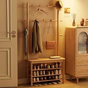 实木换鞋凳挂衣架一体衣架落地卧室家用入户门口玄关鞋架带衣帽架